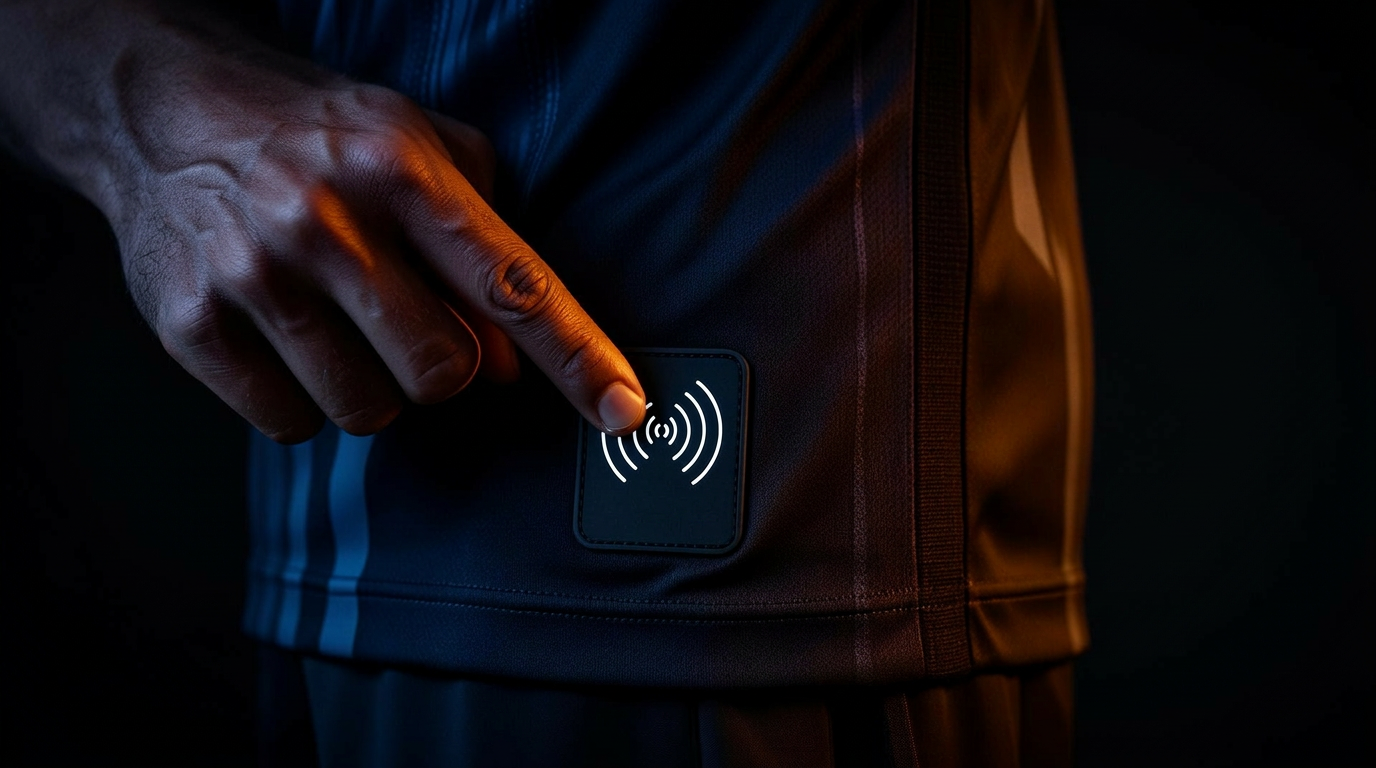 A fan tapping their phone to an NFC patch embedded on a football jersey hem.
