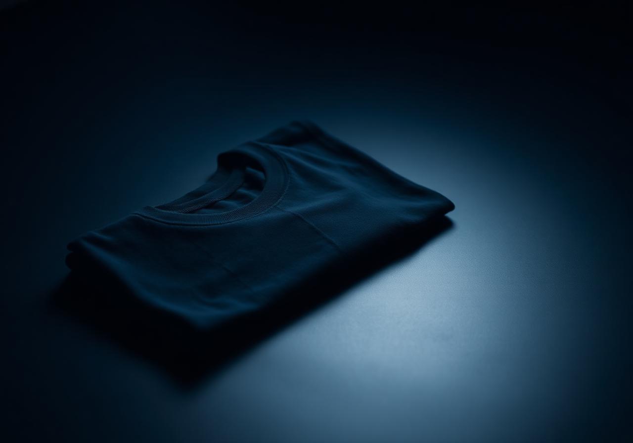 A single folded premium black t-shirt under a soft spotlight
